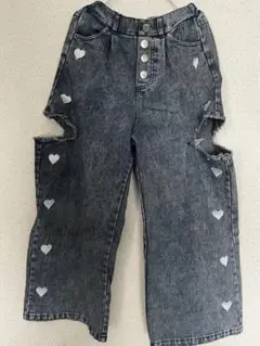 ハート刺繍 ダークデニム ワイドパンツ