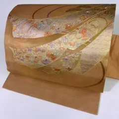 【和】9696o 着物 九寸名古屋帯 金箔 菊・楓・鳥・松・亀甲文様