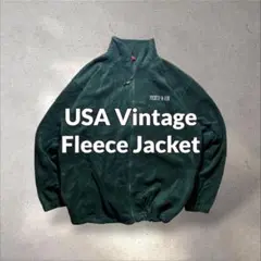 古着Resultフリースジャケット刺繍ロゴバックロゴフルジップ緑ドローコード