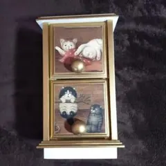 猫のイラスト付き木製小物入れ2段引き出し