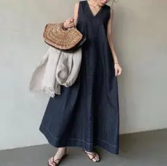 L ロングワンピース デニム マキシ丈 ノースリーブ 半袖　夏 k9