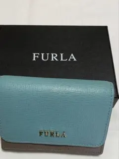 FURLA レザー じゃばらカードケース水色/ブラウングレー