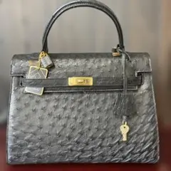 新品 未使用✨オーストリッチ ハンドバッグ ケリー 南京錠 黒