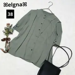 628◎エルガナ スタンドカラー半袖シャツブラウス【38】グリーン オフィス