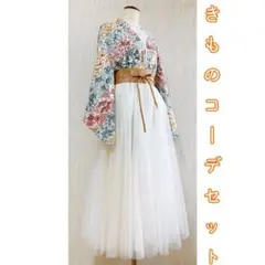 展示品　◇和洋 きものコーデ◇  セット売り　マルチカラー×ホワイト　ベルト付き