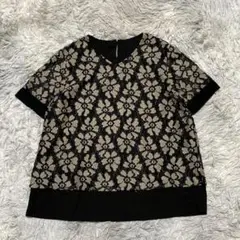 【ロブジェ】花柄レース切替 カットソー 半袖 黒（L）モード 上品 JC702