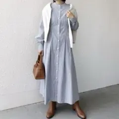 2023AW SHIPS.me:ストライプ パール ボタン ワンピース ロング
