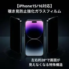 【iPhone15/16対応】覗き見防止フィルム 強化ガラス仕様 28°視野角