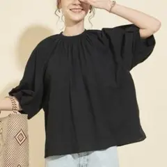BY コットンボイルギャザーボリューム6分袖ブラウス -ウォッシャブル-