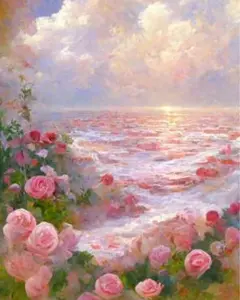 ダイヤモンドアートキット セット ラウンド 丸ビーズ 湖 バラ 薔薇 花畑 絵画