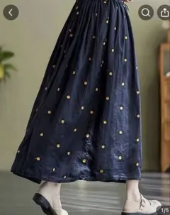 新品⭐︎ネイビー ドット柄 ロングフレアスカート　春夏用　涼やか