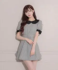 pium ビシューカラー袖リボンワンピース