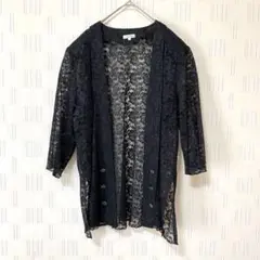 シースルー黒カーディガン　七分袖　透かし編み　花柄レース　レトロ　Jacet F