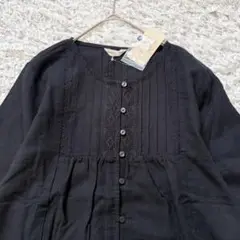 【新品】 サマンサモスモス リネン レース前開きブラウス ブラック 長袖 綿麻