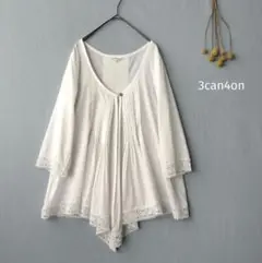 3can4on◉ピンタックレース羽織りブラウス美品　綿100%　透け感　ワールド