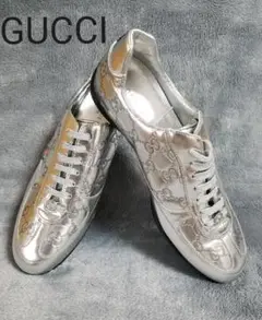 新品未使用 GUCCIスニーカー シルバーグッチシマレザースニーカー 38.5