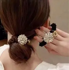 ヘアゴム　フェイクパール シュシュ ブラック ブラウン 2個セット ゴールド