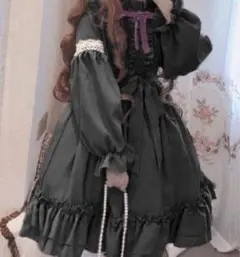 ロリータ ドレス ワンピース 黒 ゴスロリ 地雷系 姫系 フリーサイズ 長袖