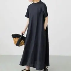 [美品] かぐれ Ａラインリネンワンピース　タック　洗える　ブラック　F