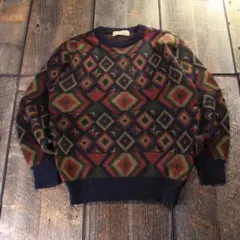 古着　総柄ニット　薄手　アクリル　ウール　M 太アーム　　ブラック　茶