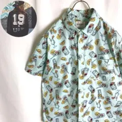 古着 総柄 半袖BDシャツ 果物 レモン カクテル柄 スカイブルー 可愛い L