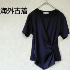 一点物✨サイドタックデザイン 半袖トップス ブラック カシュクール