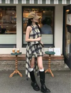 【新品】y2k グランジ　ホルターチェックテールカットワンピース