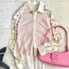 美品 エスカーダ シルク素材シアーフラワー刺繍ドッキングブラウス カシミヤ混
