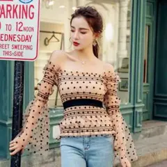 オフショル シースルー ドットトップス　ベルスリーブ　新品未使用XS