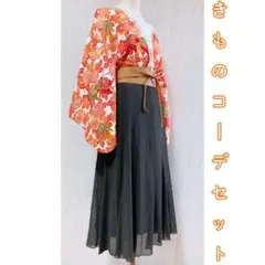 展示品　◇和洋 きものコーデ◇  セット売り　赤×ブラック　ベルト付き
