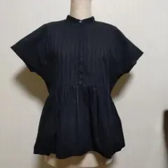 ストライプ バンドカラー 半袖シャツ 黒