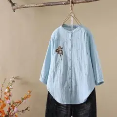 ダブルガーゼ胸フラワー刺繍入りコットンシャツ・ブラウス　新品