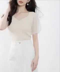 SAISON DE PAPILLON♡チュール生地スリープ編みニットプルオーバー