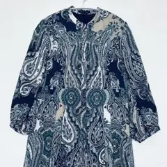 TRANS WORKトランスワーク　ペイズリー　ノーカラー　ロングワンピース　L
