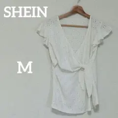 SHEIN 【M】ホワイト Vネック フリル袖 トップス