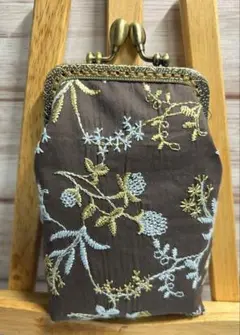 ☆刺繍生地 ブラウン☆タバコケース☆アイコスケース☆がま口ポーチ☆小物入れ