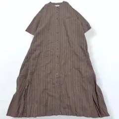 tukuroi リネン混 バンドカラー ドビー織り ロングシャツワンピース 茶