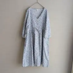 【美品】リネン混小花柄シャツワンピース 前開き ウエストリボン 青 妊娠 授乳