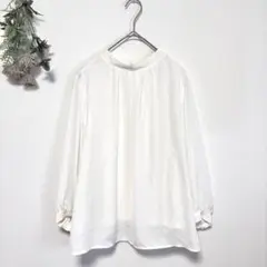 良品【ELENA】ノーカラー きれいめ長袖ブラウス パールボタン(L)ホワイト白