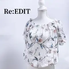 Re:EDITリエディ花柄半袖ブラウスホワイト白フリルオフショルダートップス