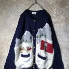 【ヴィンテージ】クリスマス模様 ウールカーディガン ネイビー 古着 AS121
