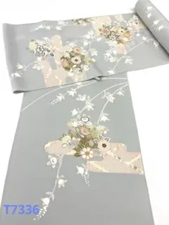 付け下げ 金駒 金彩 型友禅 手描 灰青色 正絹 反物