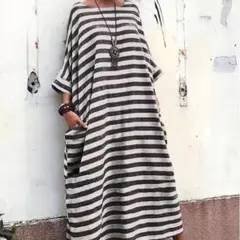 夏 セール!! ドルマンスリーブ ボーダーワンピ「ダークグレー」綿 ゆったり