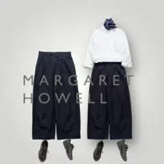 19SS マーガレットハウエル タック リネン コットン ワイドパンツ 黒
