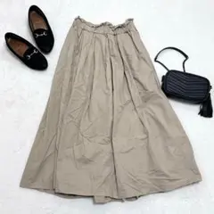 r136【シュガースプーン】ロングフレアスカート　コットン　ベージュ　総ゴム