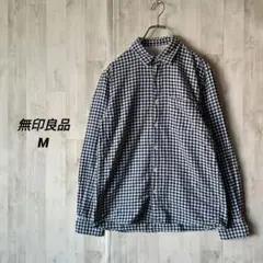 ​無印良品 M ギンガムチェック シャツ ダブルガーゼ シンプル 青