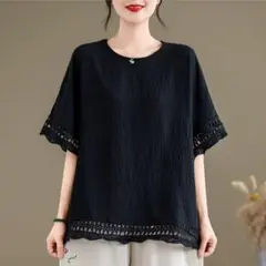 Tシャツ 大きいサイズ レトロ 無地＆シンプル 着痩せ レース柄 透かし編み