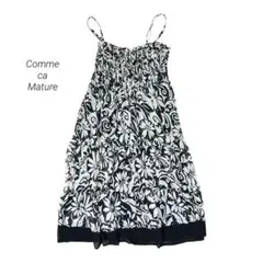 Comme ca Mature 花柄 シャーリング キャミワンピース F 白黒