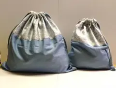【おまとめ可】巾着袋　シックな花がら切替　　　 着替え袋 大・小2枚セット