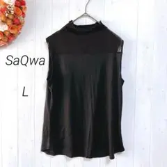 sQwa ノースリーブシルクカットソー　ブラック　L　ハイネック　レース　絹　薄